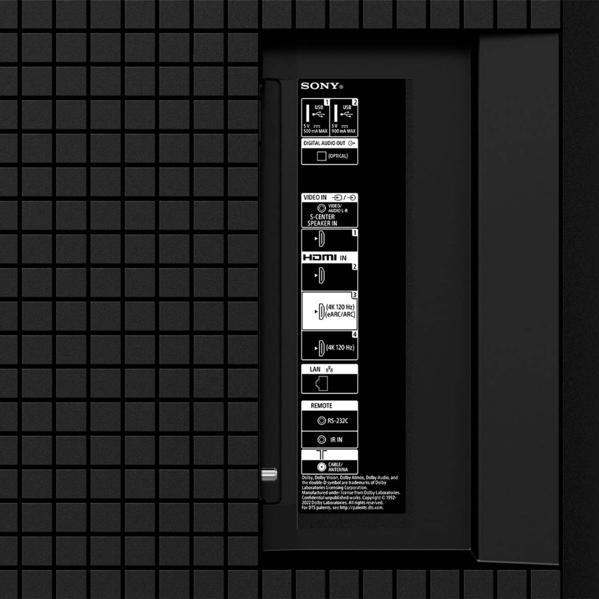 Sony BRAVIA XR X90L Full Array LED 4K HDR Google TV (2023) zoomed rear components view