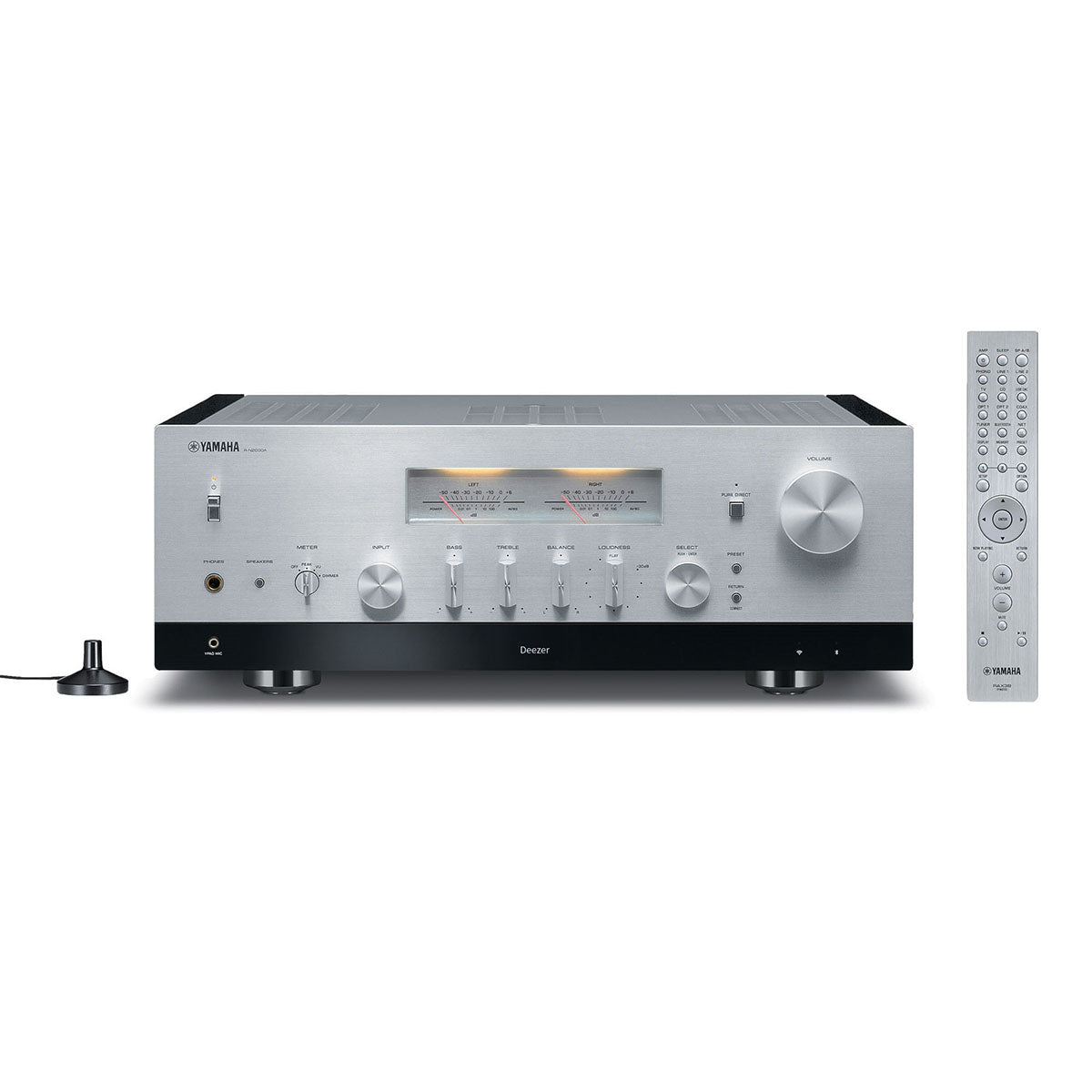 Yamaha R-N2000A Hi-Fi Network Receiver silver front view with remote and calibration mic