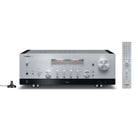 Yamaha R-N2000A Hi-Fi Network Receiver silver front view with remote and calibration mic