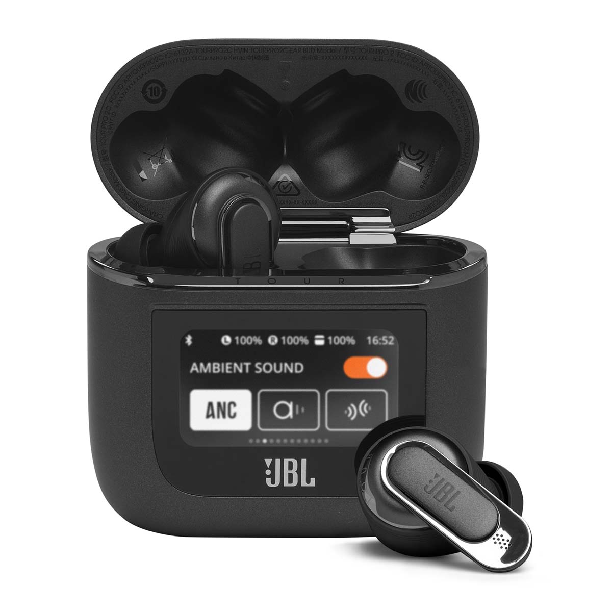 JBL Tour Pro 2 True Wireless Noise Cancelling Earbuds - black case and earbuds front view with case lid open, left earbud in case and right earbud in front of case