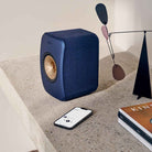 KEF LSX II Wireless HiFi Speakers - on shelf streaming music from phone