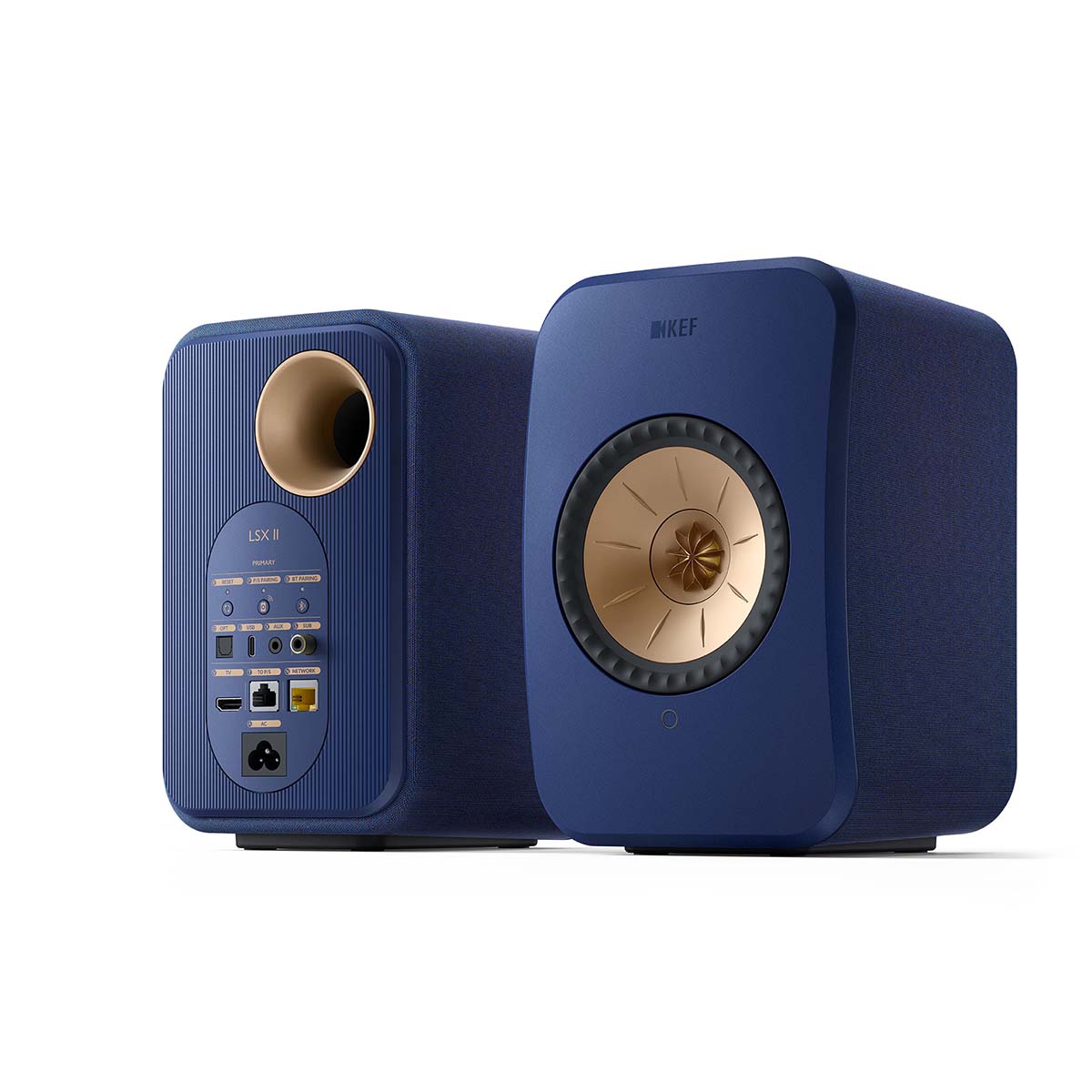 KEF LSX II Wireless HiFi Speakers - Cobalt Blue - angled front view of pair showing front and rear