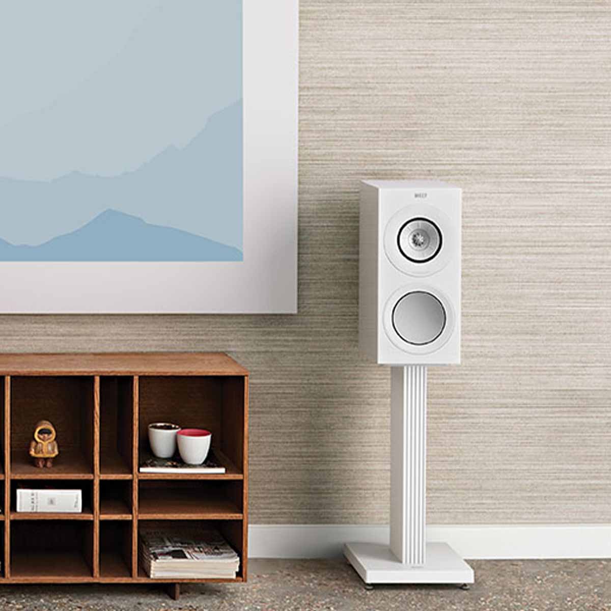 KEF S3 Floor Stands - white in living room with R3 bookshelf speaker