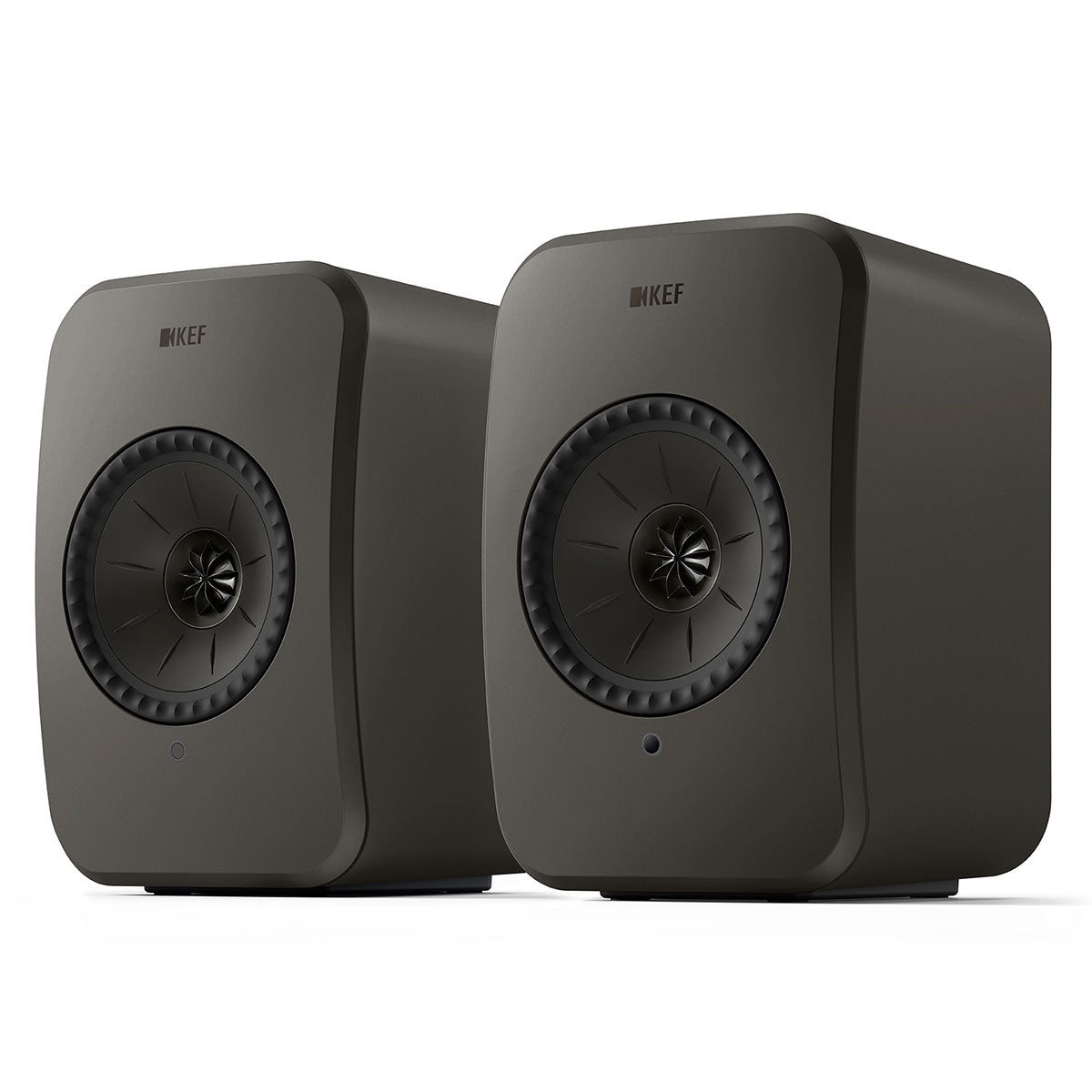 KEF LSX II LT Wireless HiFi Powered Bookshelf Speakers Graphite Grey angled front view of pair