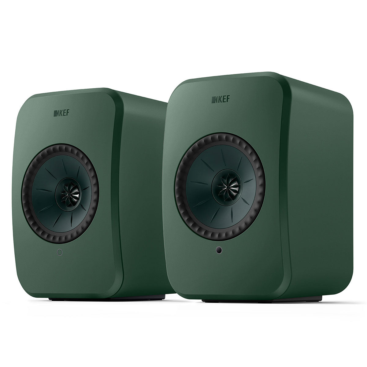 KEF LSX II LT Wireless HiFi Powered Bookshelf Speakers Sage Green angled front view of pair