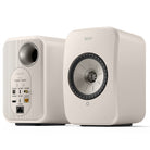 KEF LSX II LT Wireless HiFi Powered Bookshelf Speakers Stone White angled front view of pair with one facing forward and one facing rear