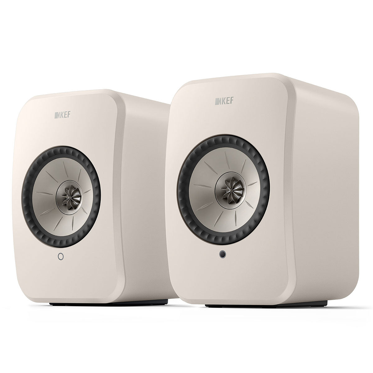 KEF LSX II LT Wireless HiFi Powered Bookshelf Speakers Stone White angled front view of pair