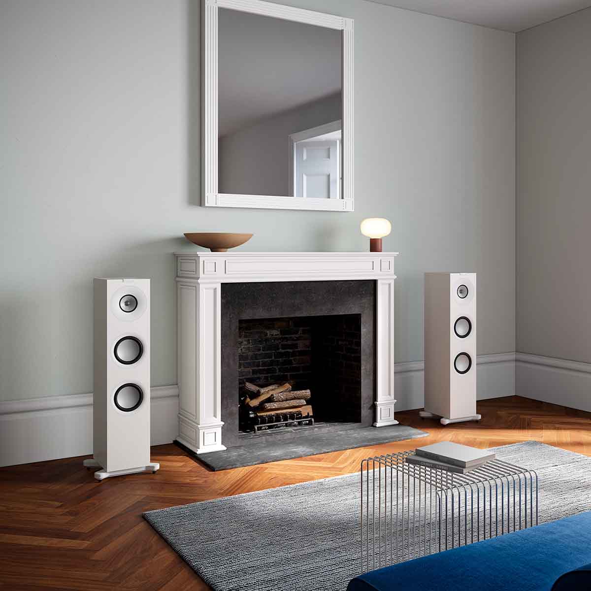 KEF Q7 Meta Floorstanding Loudspeakers - Each white speakers in living room by fire place