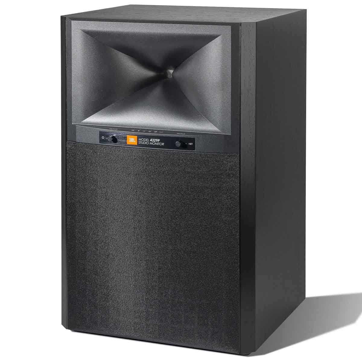 JBL 4329P Powered Studio Monitor - Pair - black angled right front view with grille