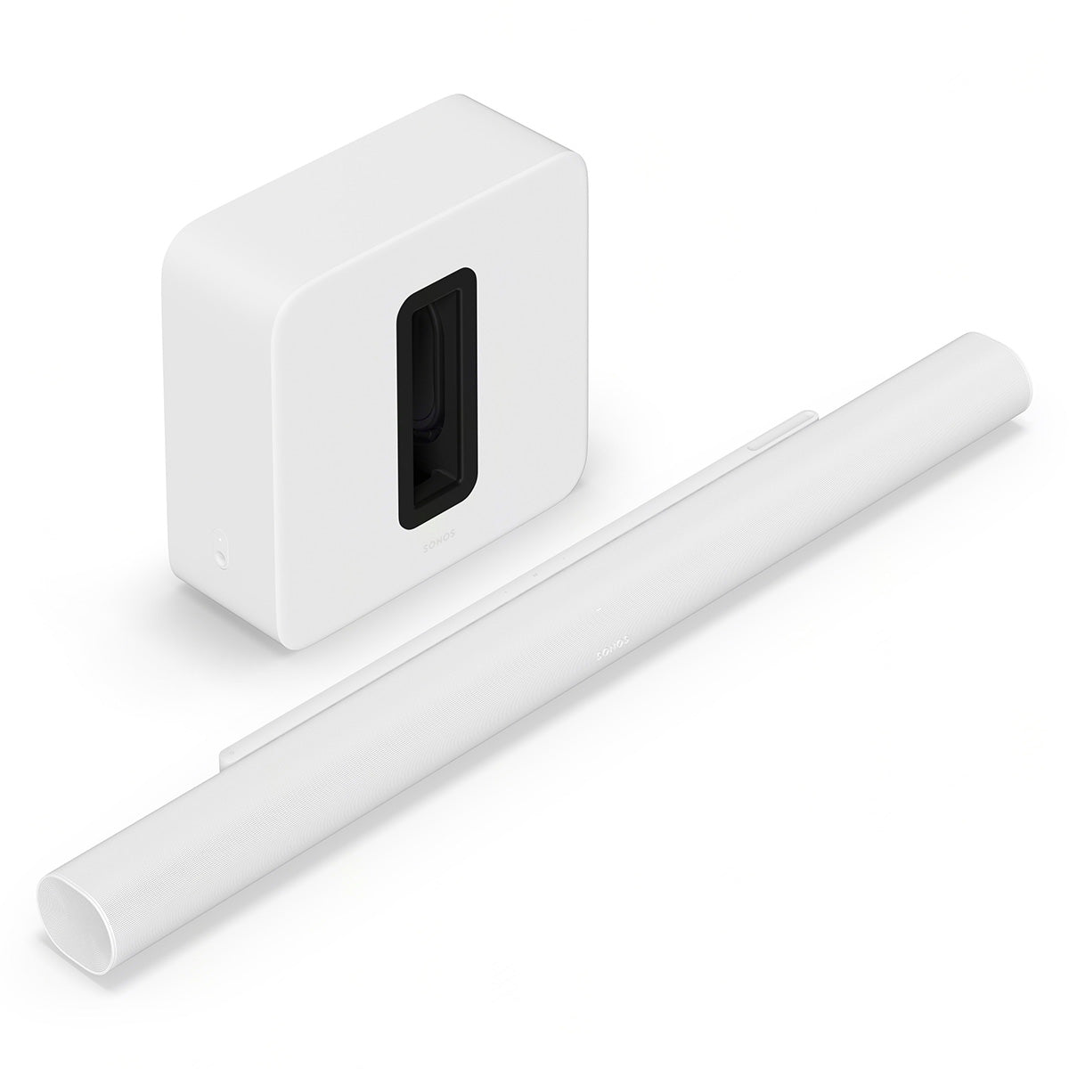 Sonos Arc Ultra Soundbar - White top and front view angled down and right with separate Sonos Sub 4 Wireless Subwoofer