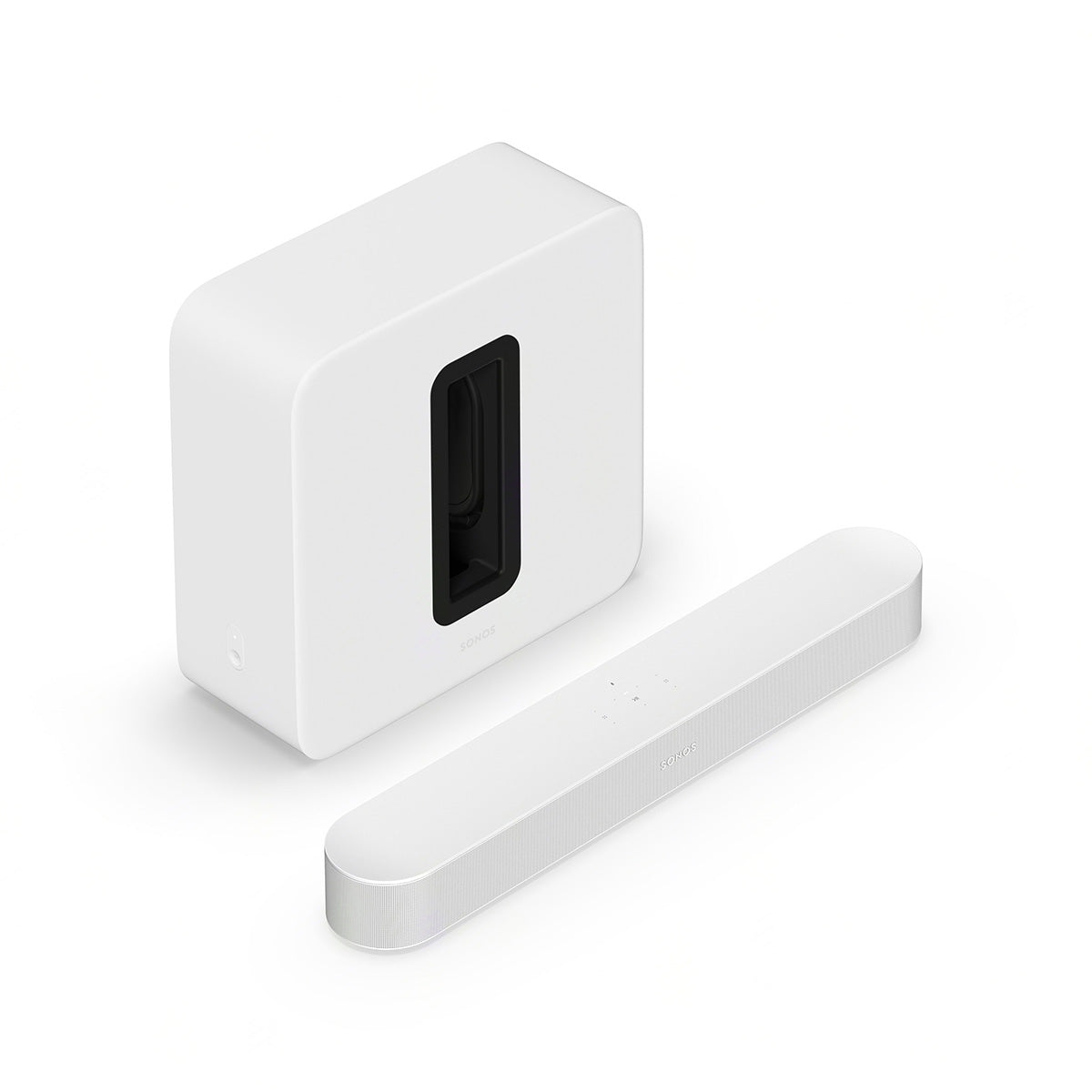 Sonos Sub 4 Wireless Subwoofer - White with separate Sonos Beam - White top and front view angled down and right