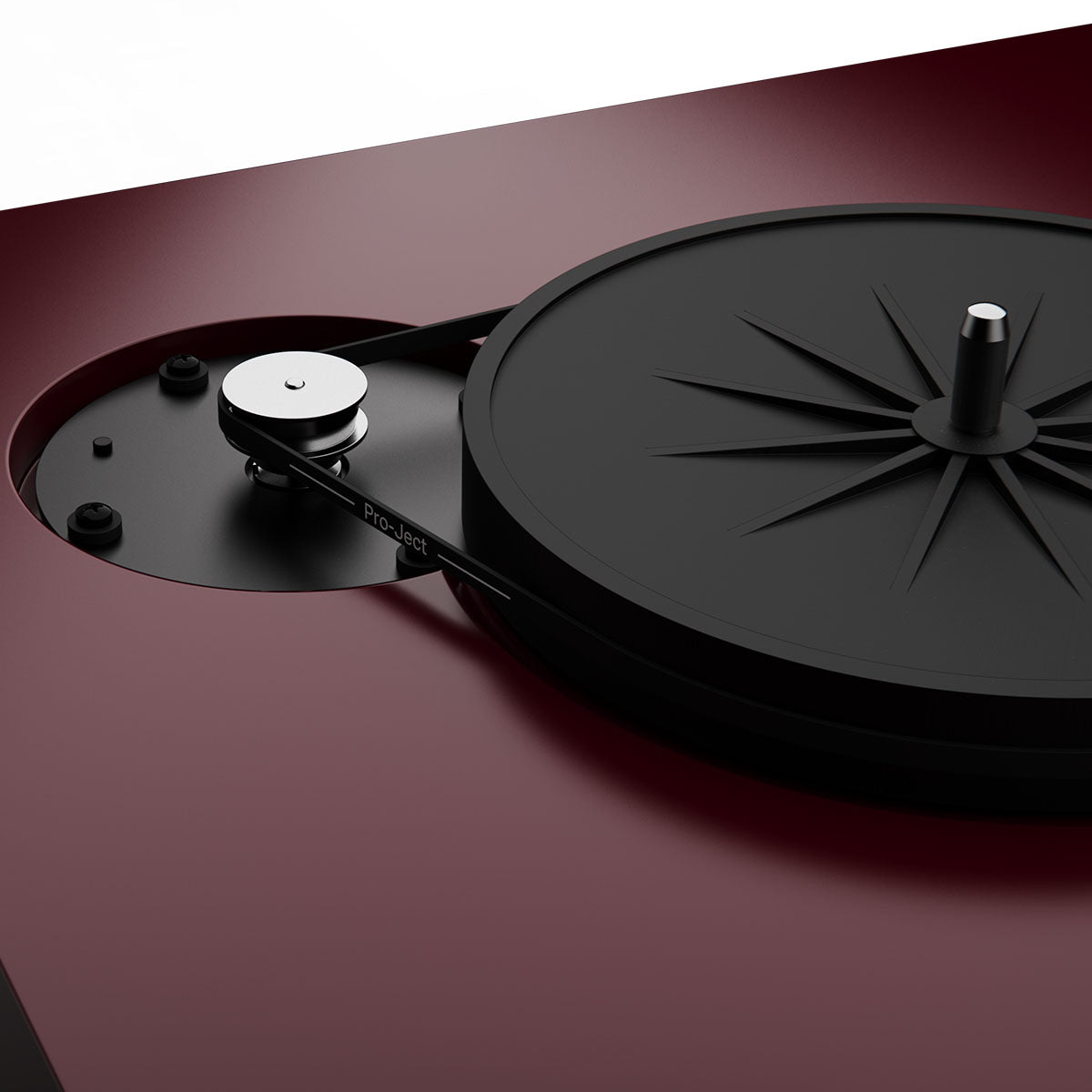 Pro-Ject Debut EVO 2 Hi-Fi Turntable - Satin Wine Red - high-angle detail insert of belt and motor