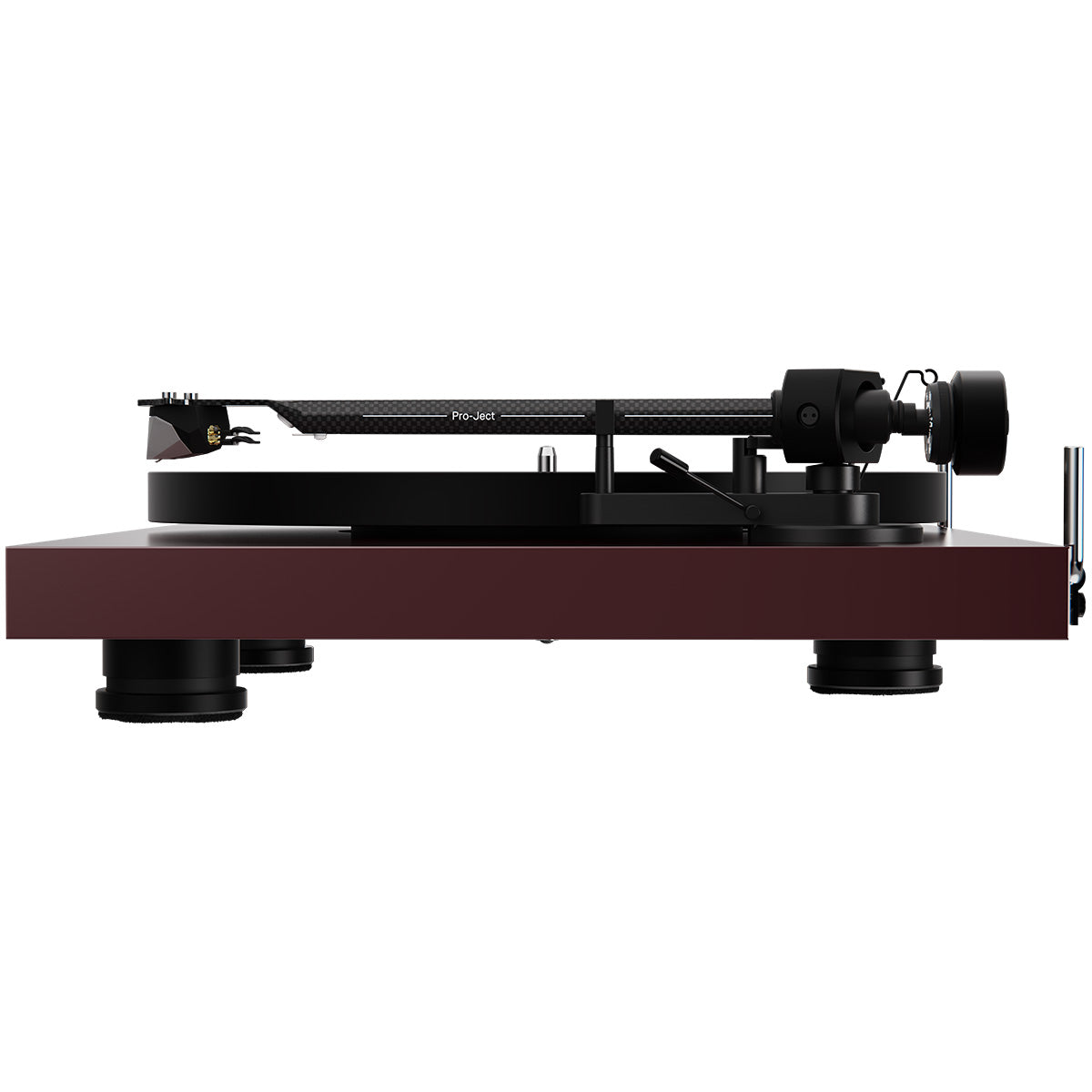 Pro-Ject Debut EVO 2 Hi-Fi Turntable - Satin Wine Red - side view tone arm facing left