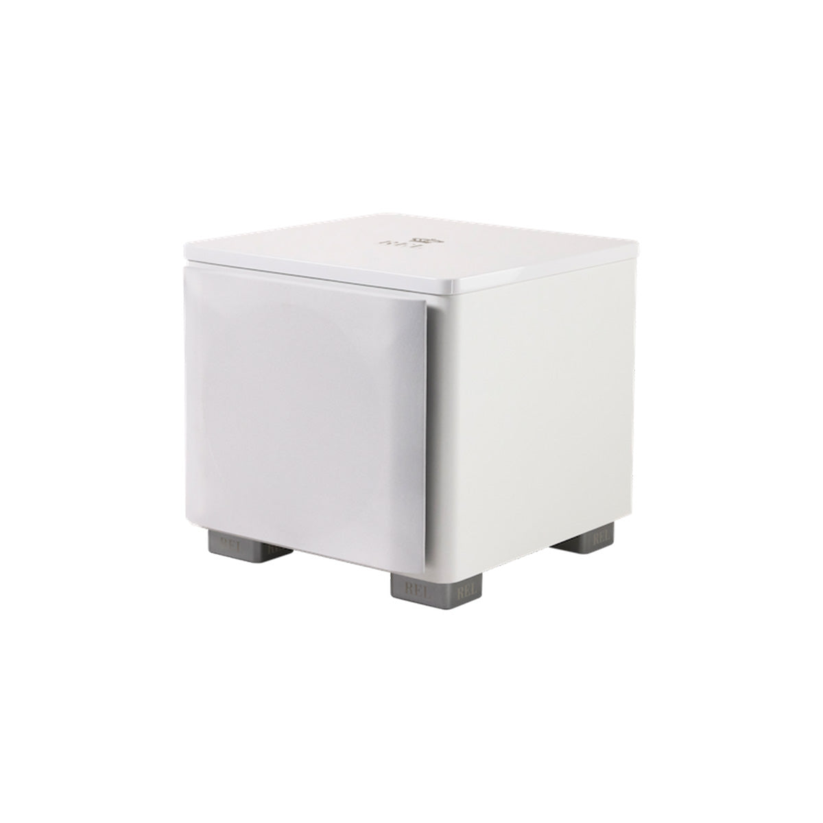 REL Acoustics HT/1003 MKII Subwoofer White three-quarter view angled left with grille