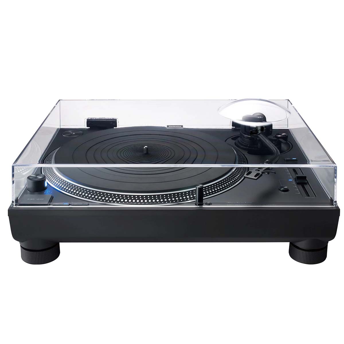 Technics SL-1210GR2 Black Single Rotor Coreless Turntable front high-angle view with dustcover