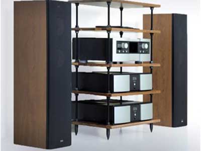 Salamander Modular Open Stand full of equipment and speakers