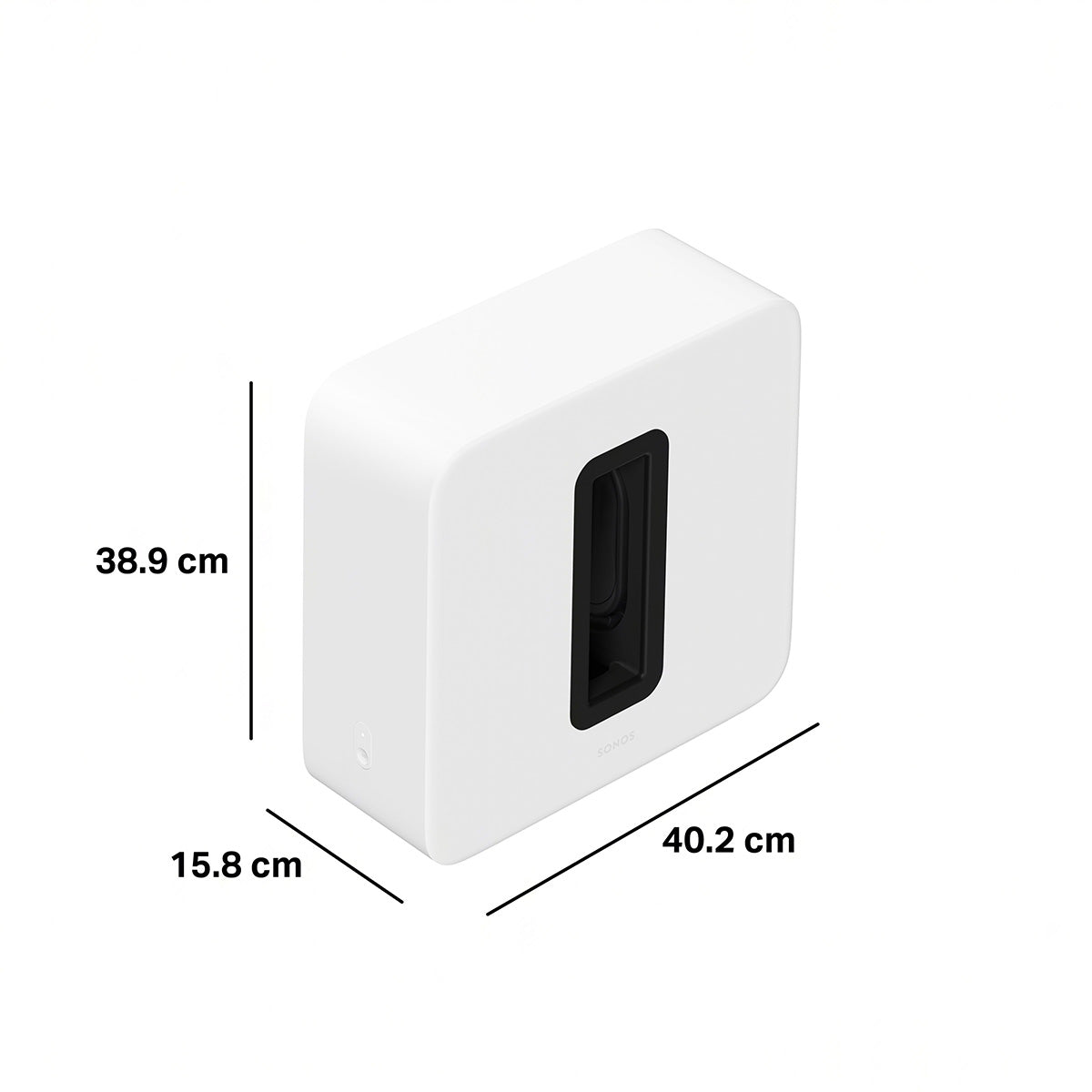 Sonos Sub 4 Wireless Subwoofer - White with measurements in centimeters