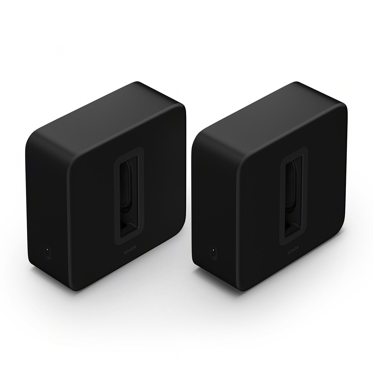 Pair of Sonos Sub 4 Wireless Subwoofers - Black top and front view angled right and down