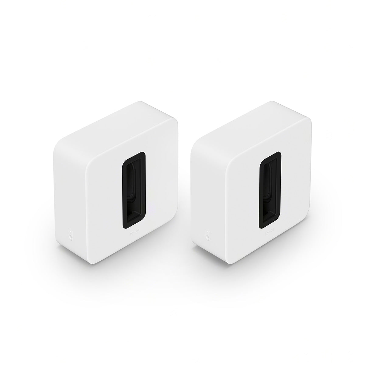 Pair of Sonos Sub 4 Wireless Subwoofers - White top and front view angled right and down