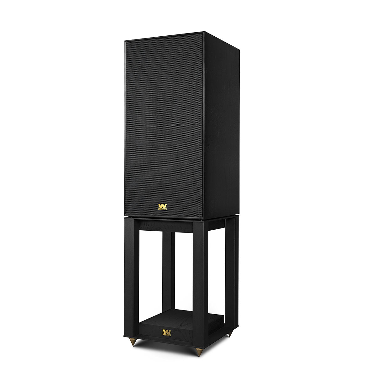 Wharfedale Super Linton Speaker - single with stand - black with grille - angled front view