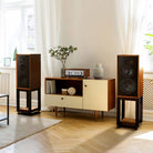 Wharfedale Super Linton Speakers - pair with stands - walnut without grille - lifestyle image