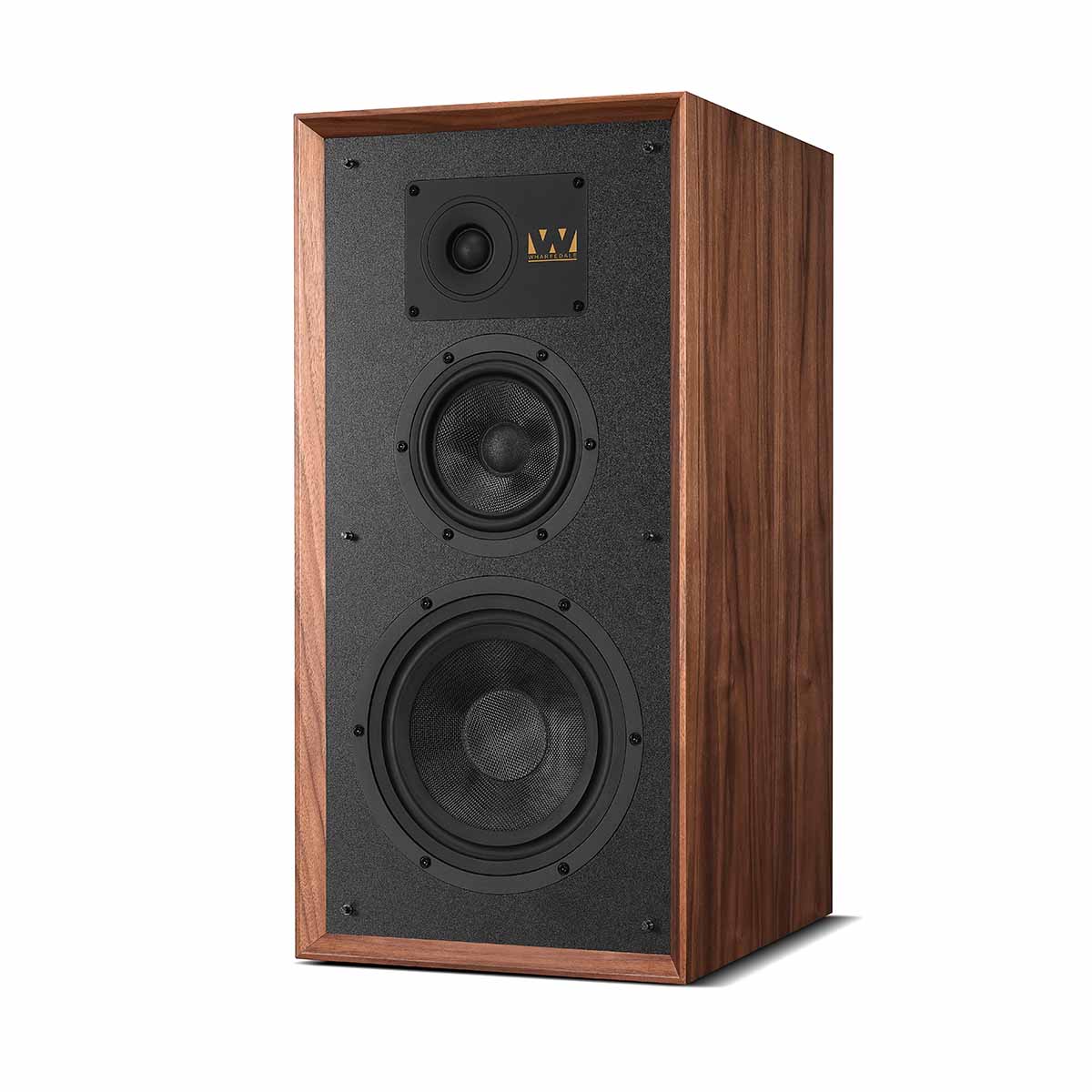 Wharfedale Super Linton Speaker - single without stand - walnut without grille - angled front view