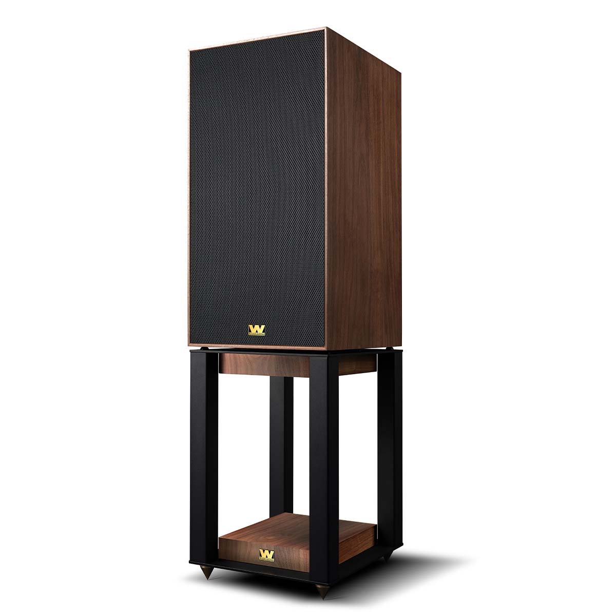 Wharfedale Super Linton Speaker - single with stand - walnut with grille - angled front view