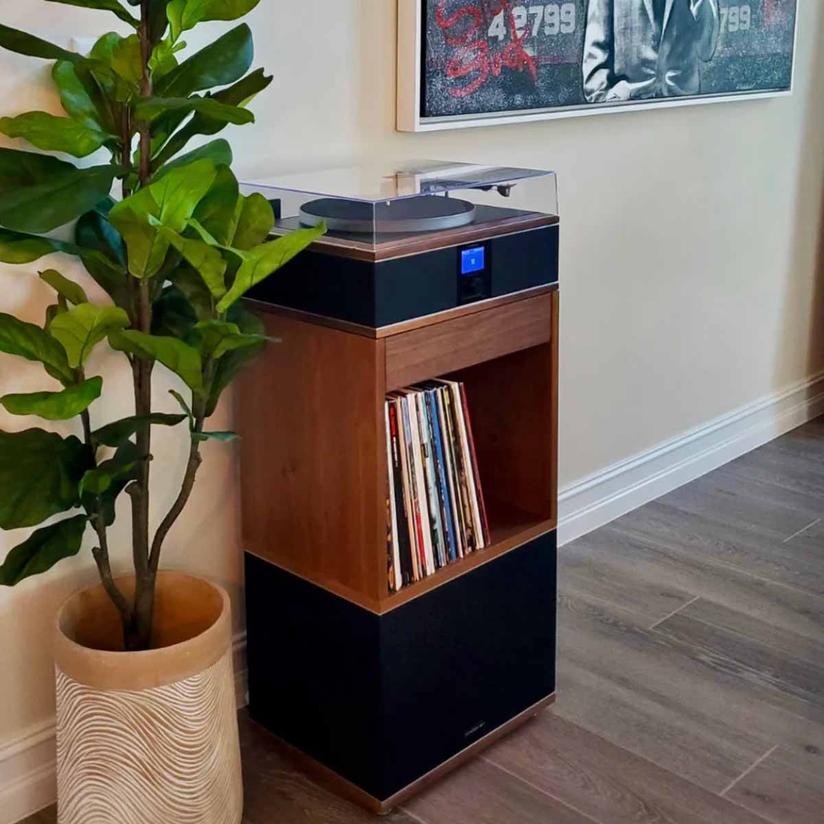 Andover Audio Andover-One - lifestyle view with upper stand and subwoofer