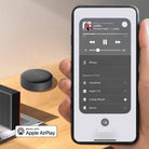 WiiM Mini Wireless Audio Streamer - lifestyle image with mobile app preview