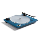 Blue U-Turn Orbit 2 Plus Turntable on white background w/ acrylic platter & OA3 tonearm