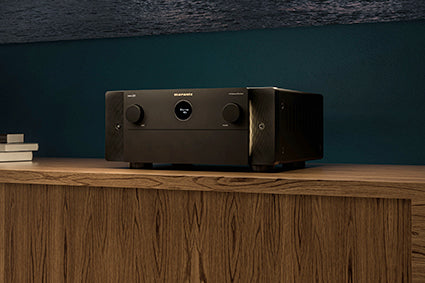 Marantz CINEMA 30 in black on wooden credenza