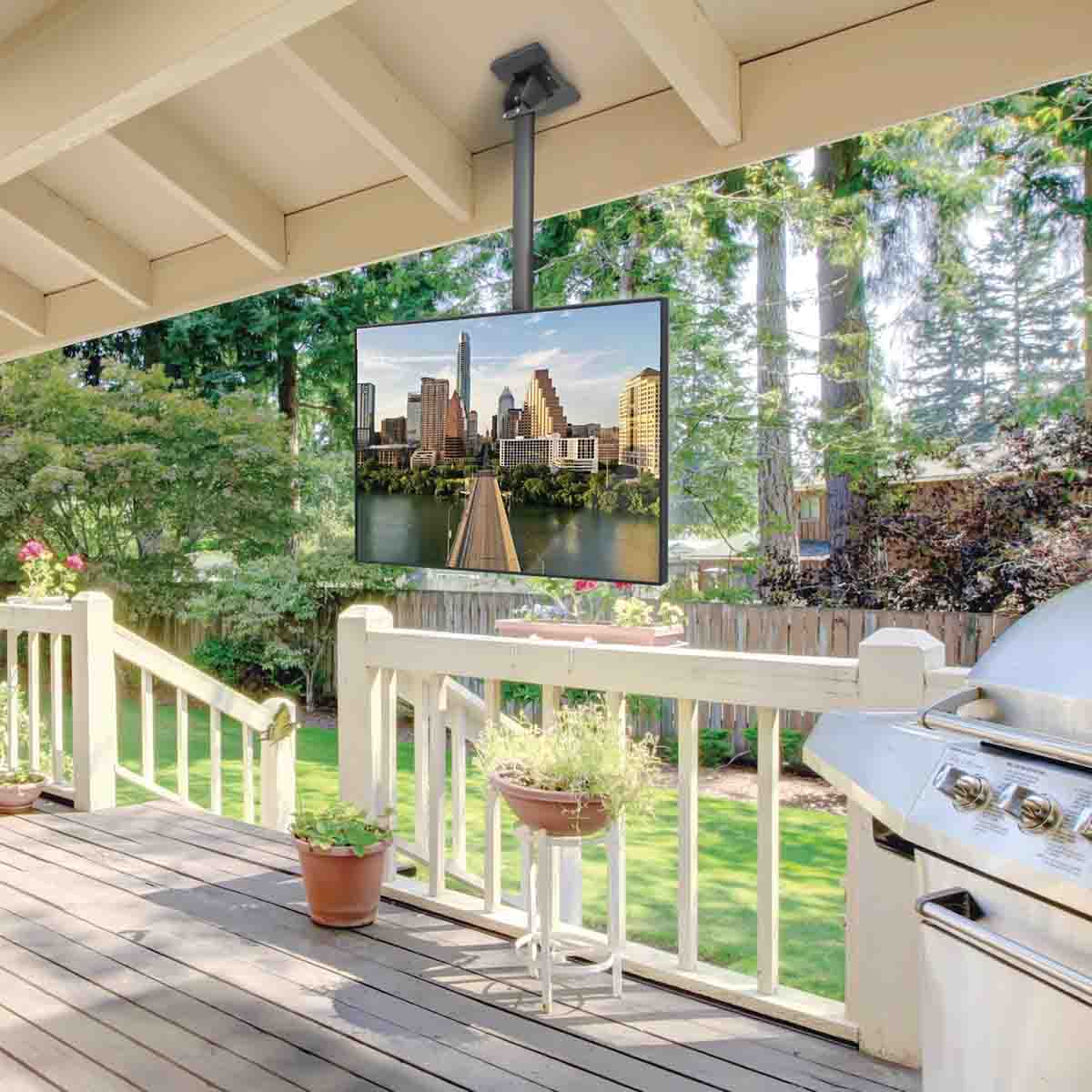 Kanto CM600SG Stainless Steel Outdoor Ceiling TV Mount for 37" - 70" TVs Installed on porch example