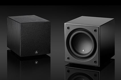 Pair of JL Audio Dominion d110 Subwoofer on a black background