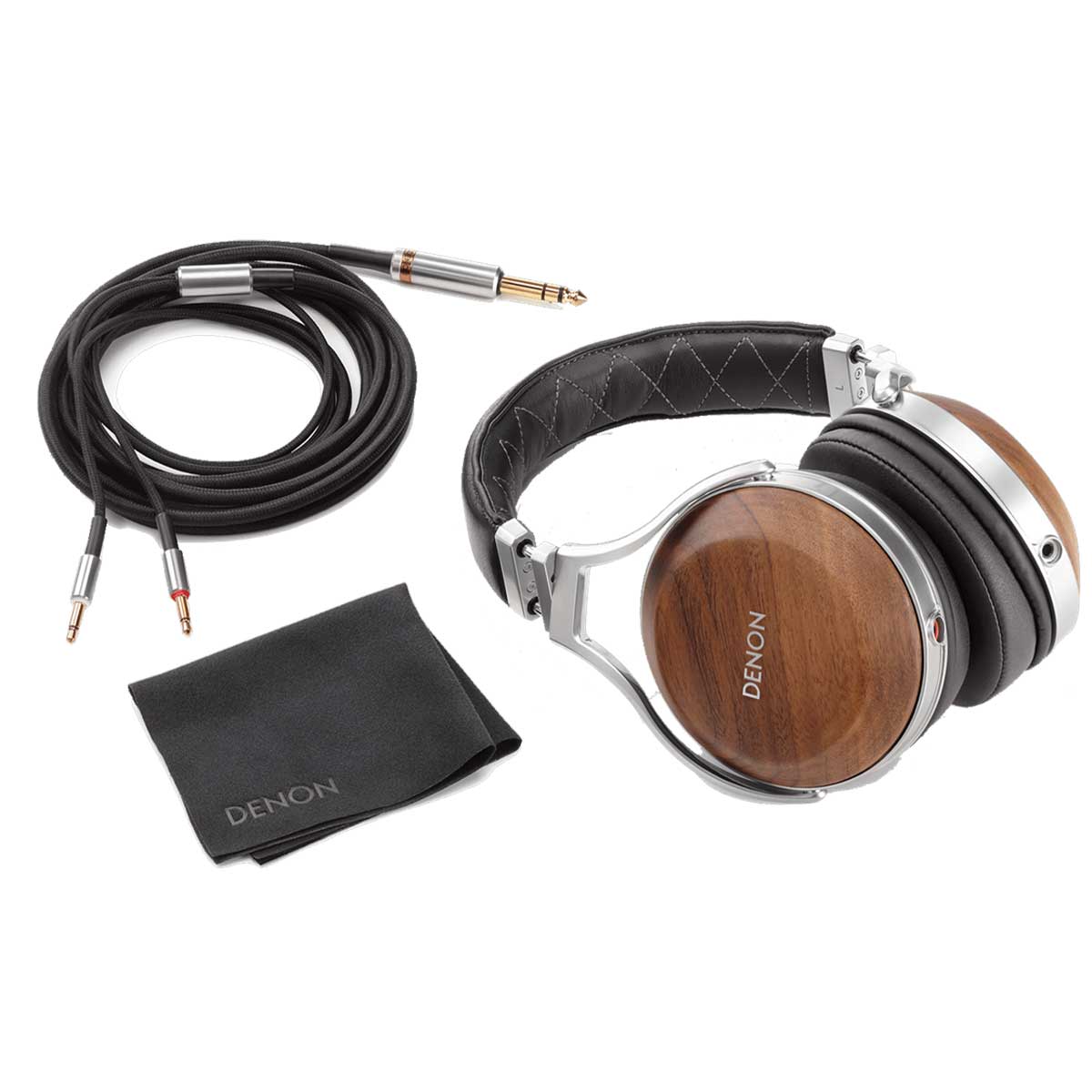 Wide-angle view of all accessories that come with the Denon AH-D7200 Closed-back headphone.
