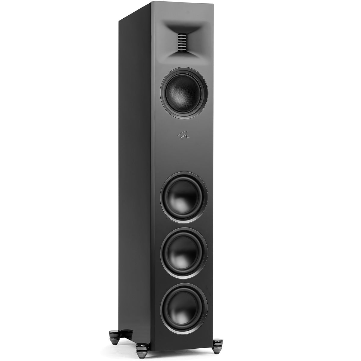 MartinLogan Motion XT F100  Floorstanding Speaker in black, angled view without grilles on white background