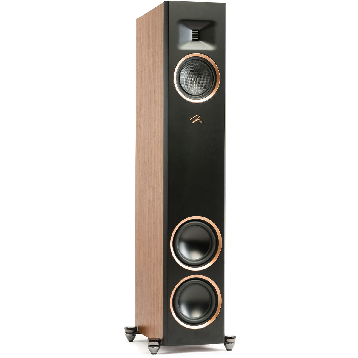 MartinLogan Motion XT F20  Floorstanding Speaker in walnut, angled view without grilles on white background