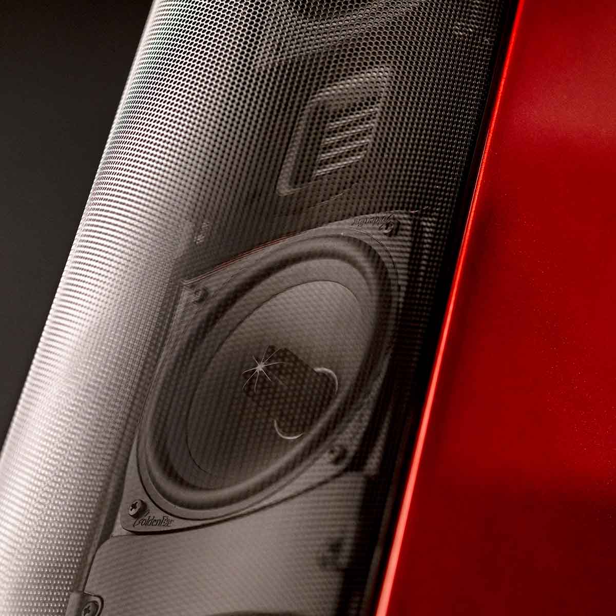 GoldenEar T66 Floorstanding Loudspeaker - Santa Barbara Red - Each front view of pair with grilles