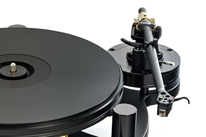 Close up view of Michell Gyro SE Turntable Tonearm in black