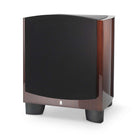 Revel B110v2 10” 1000W Powered Subwoofer - single walnut with grille - angled front view