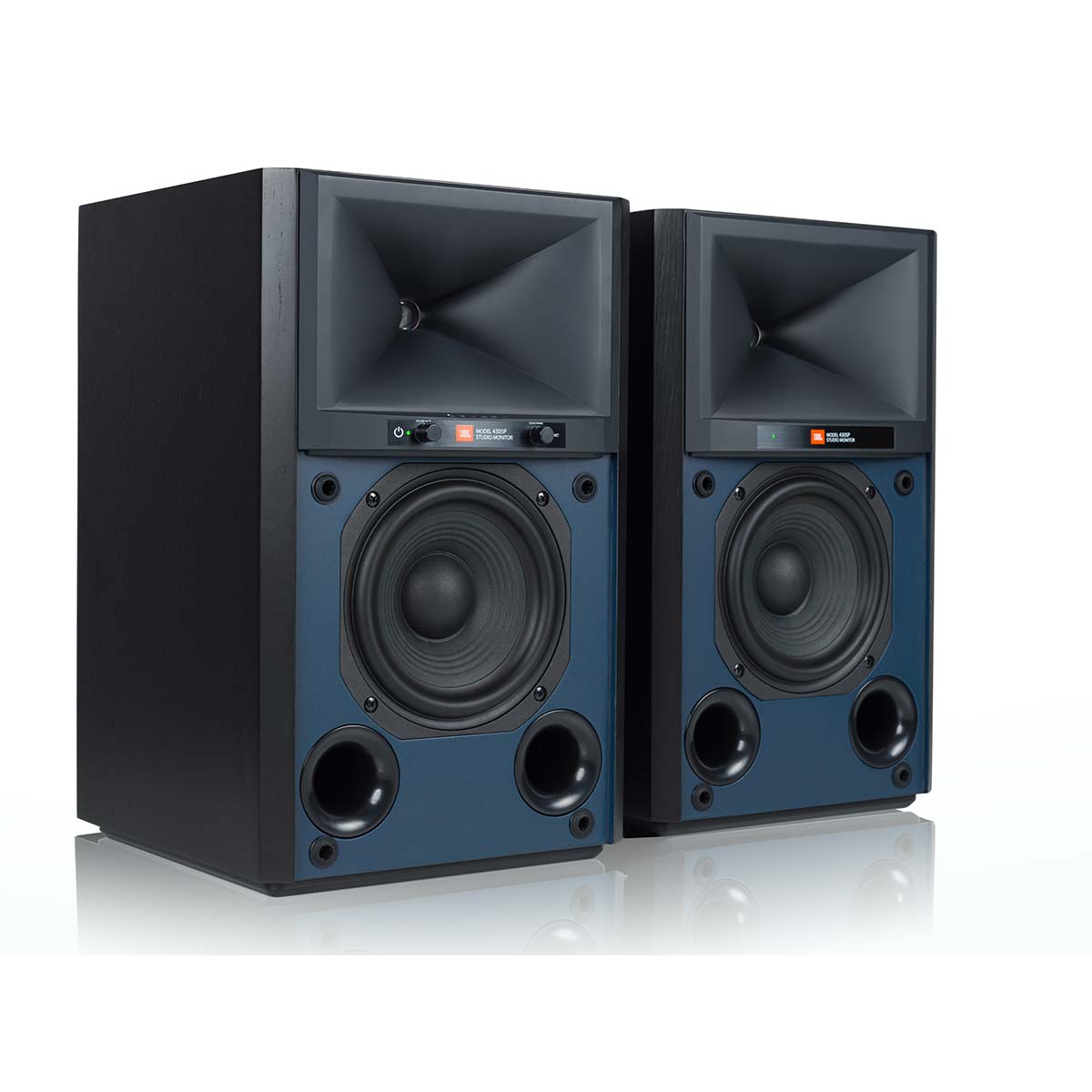 JBL 4305P Powered Bookshelf Speakers, Black, front angle without grilles