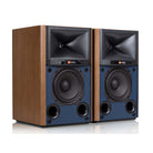 JBL 4305P Powered Bookshelf Speakers, Walnut, front angle without grilles