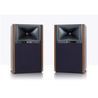 JBL 4305P Powered Bookshelf Speakers, Walnut, front view with grilles