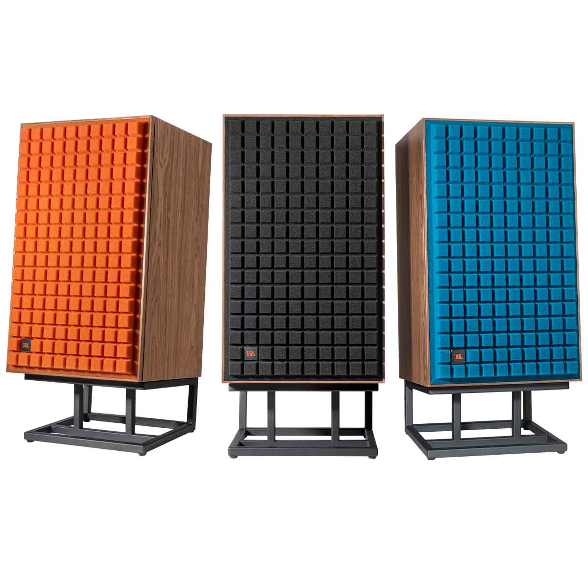 JBL L100 Classic MKII Loudspeaker front view of all colorways on stands