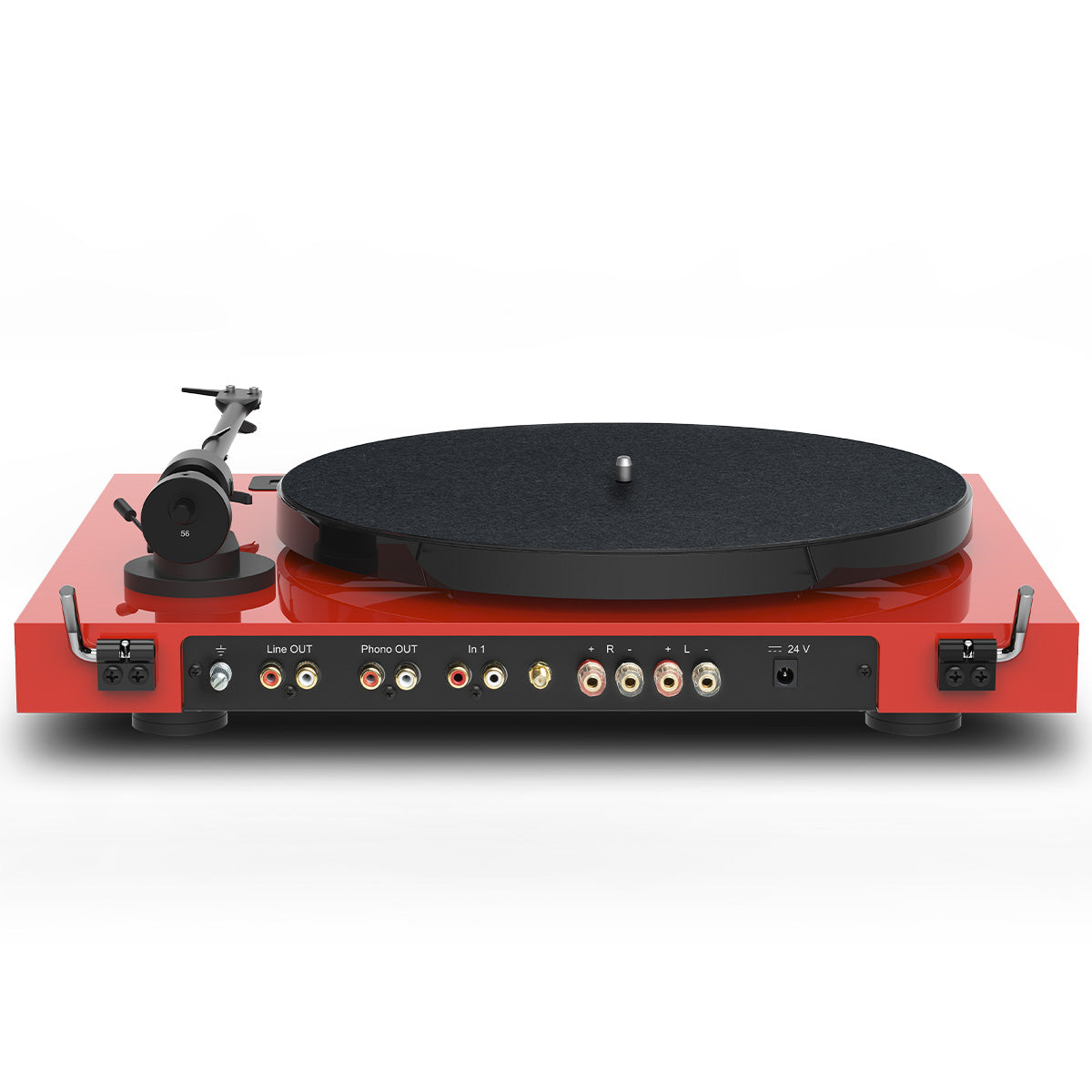 Pro-Ject Juke Box E1 Turntable in red showing inputs & outputs