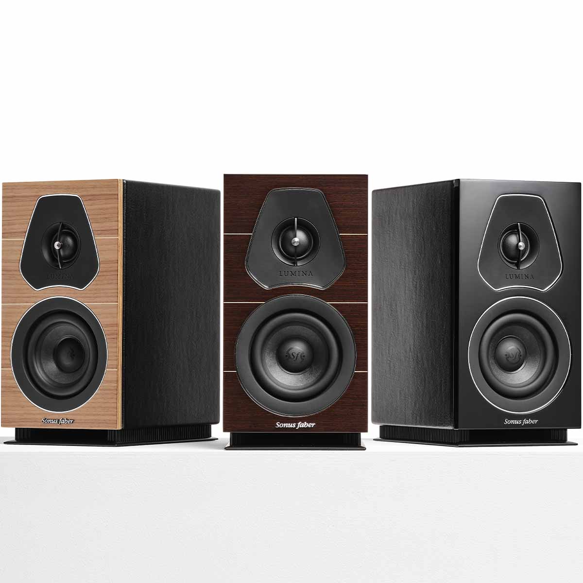 Sonus Faber Lumina I - 5" Bookshelf Speaker - front view of the three different finish options