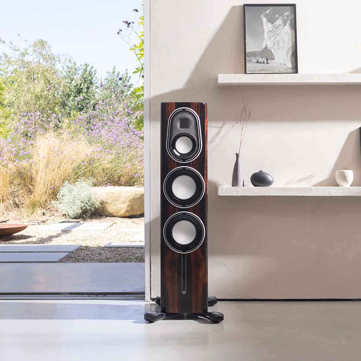 Monitor Audio Platinum 200 3G Floorstanding Loudspeaker - single gloss ebony next to window