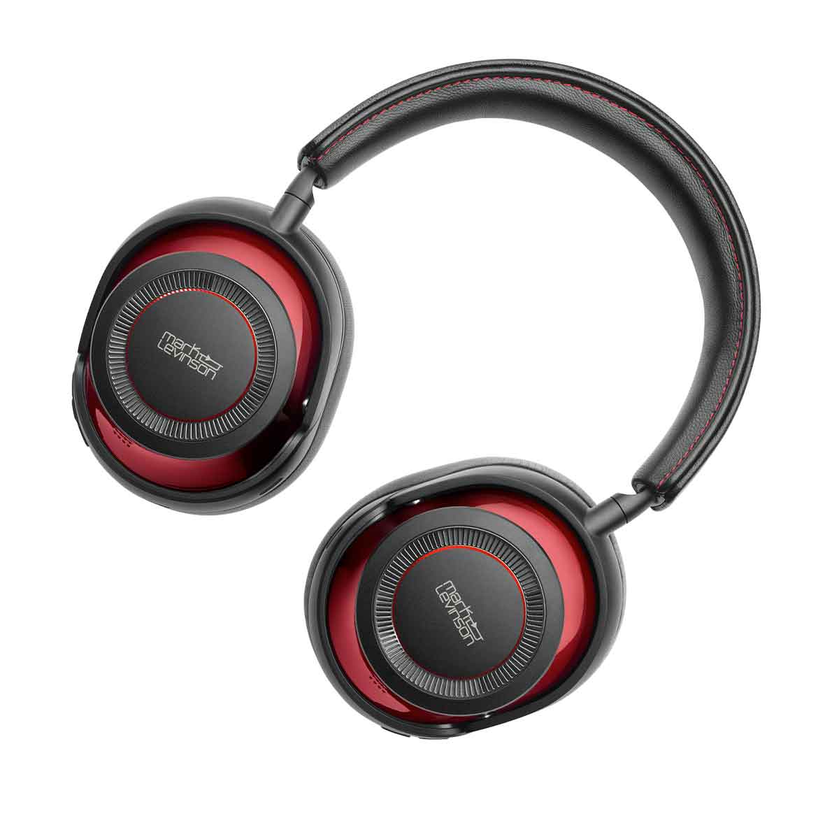 Close-up front view of the Mark Levinson № 5909 Premium Hi-Res Wireless ANC Over-Ear headphones folded in Red finish.