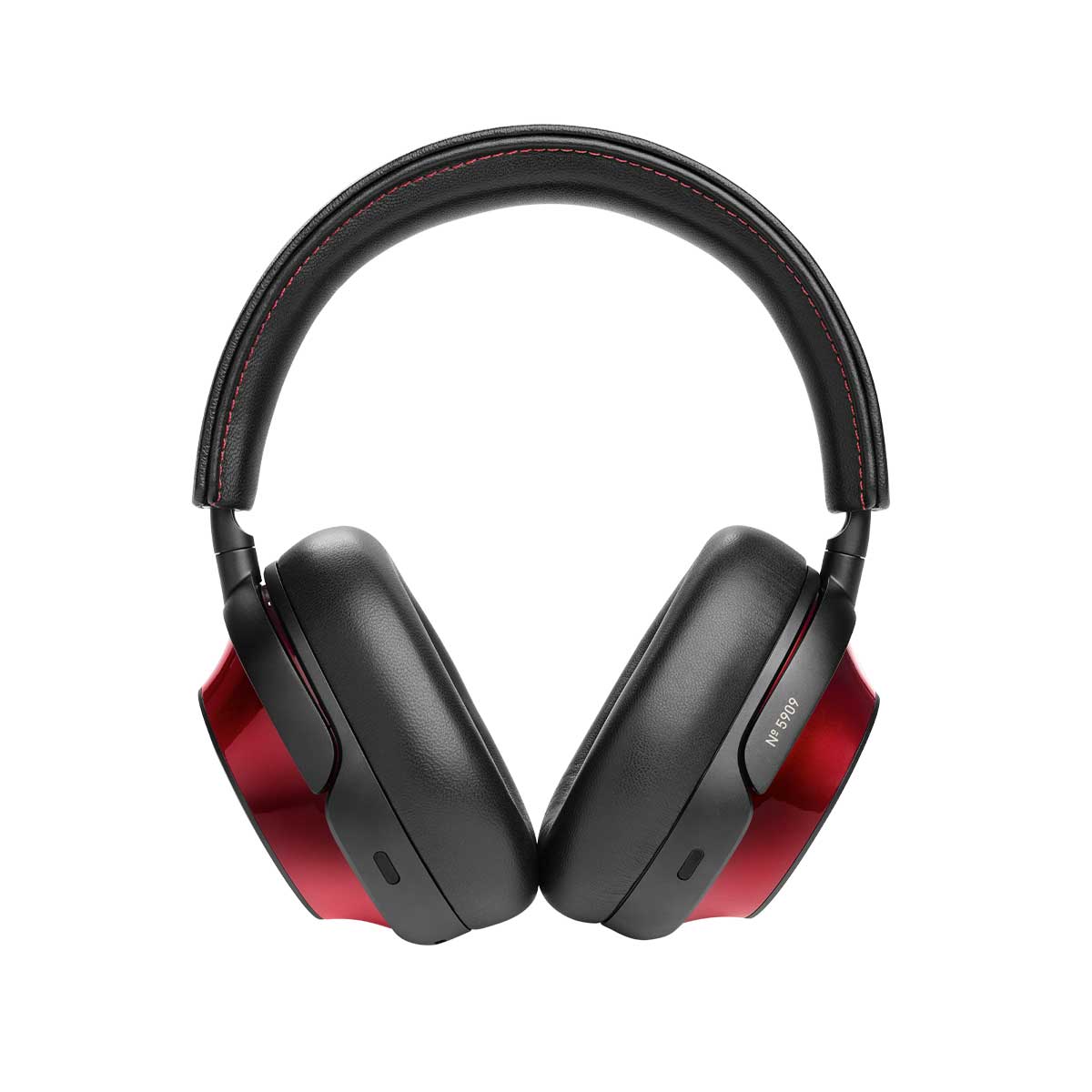 Close-up front view of the Mark Levinson № 5909 Premium Hi-Res Wireless ANC Over-Ear Headphones in Red finish.