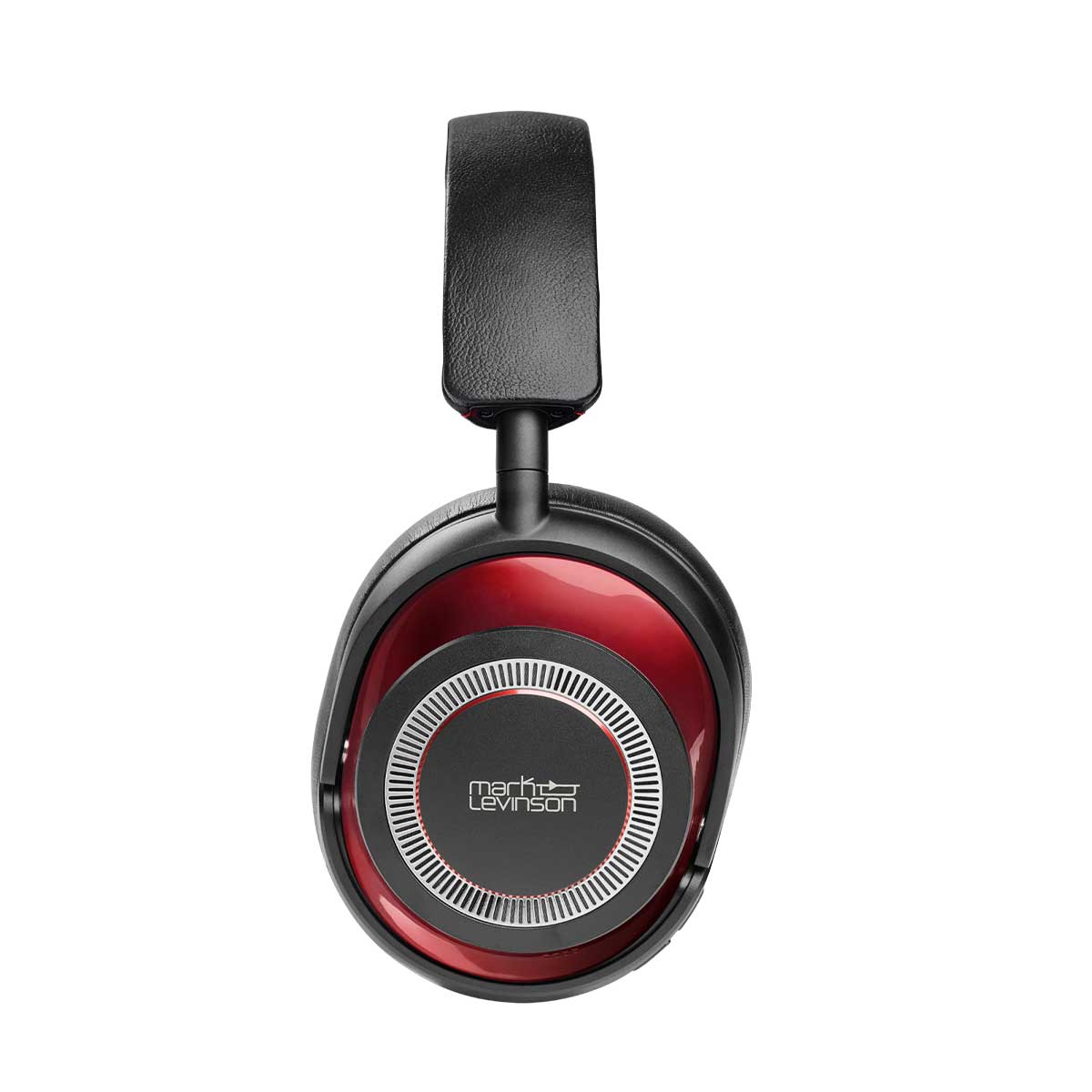 Close-up side profile of the Mark Levinson № 5909 Premium Hi-Res Wireless ANC Over-Ear Headphones in Red finish.