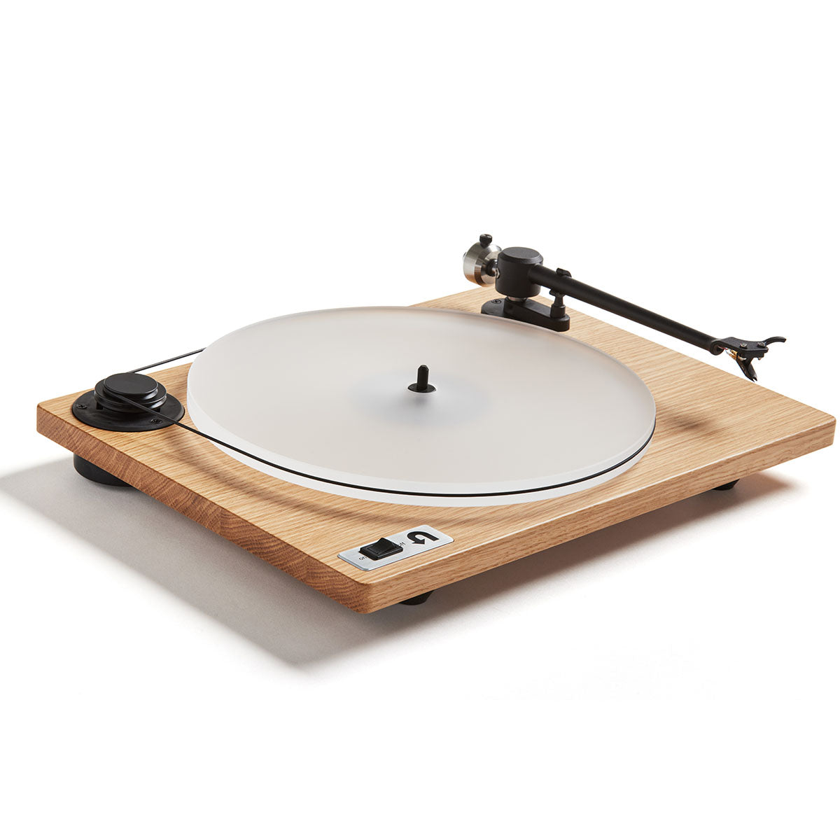 U-Turn Orbit 2 Plus Turntable - angle showing tonearm - oak